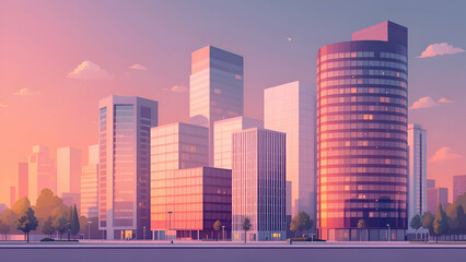 Naklejka premium modern cityscape at sunset, featuring towering glass buildings silhouetted against a vibrant pink sky