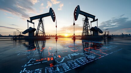 Double exposure of active oil pumps framed by the vibrant colors of a dramatic sunset with an ascending financial chart symbolizing growth and progress in the energy and market industries