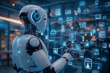 A futuristic representation of artificial intelligence interacting with digital data in a virtual environment