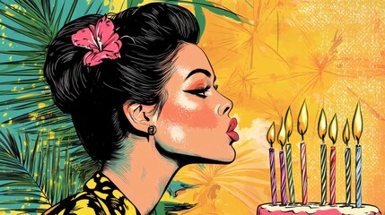 Illustration of Woman Blowing Out Birthday Candles