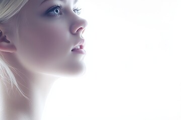Fototapeta premium Portrait of a smiling girl model with natural makeup on a white background, touching her healthy facial skin with her hands