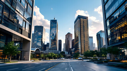 Obraz premium A street view of a modern city with tall skyscrapers, blue sky with white clouds, a street lined with trees and cars driving on the road