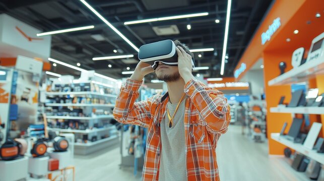 Man Wearing VR Headset in Electronics Store