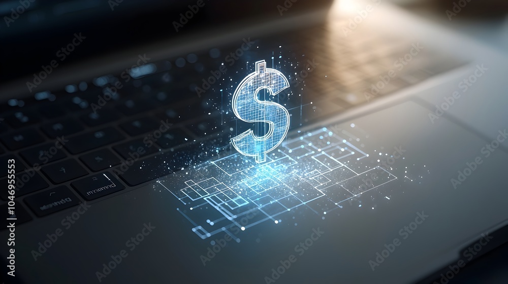 Poster Glowing and ethereal dollar sign hologram floating above a laptop keyboard on a blurred futuristic background representing digital currency fintech innovation and the future of finance and commerce