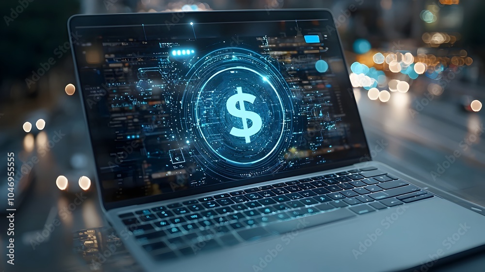 Aufkleber glowing digital dollar sign hologram floating above a blurred laptop keyboard representing the innov