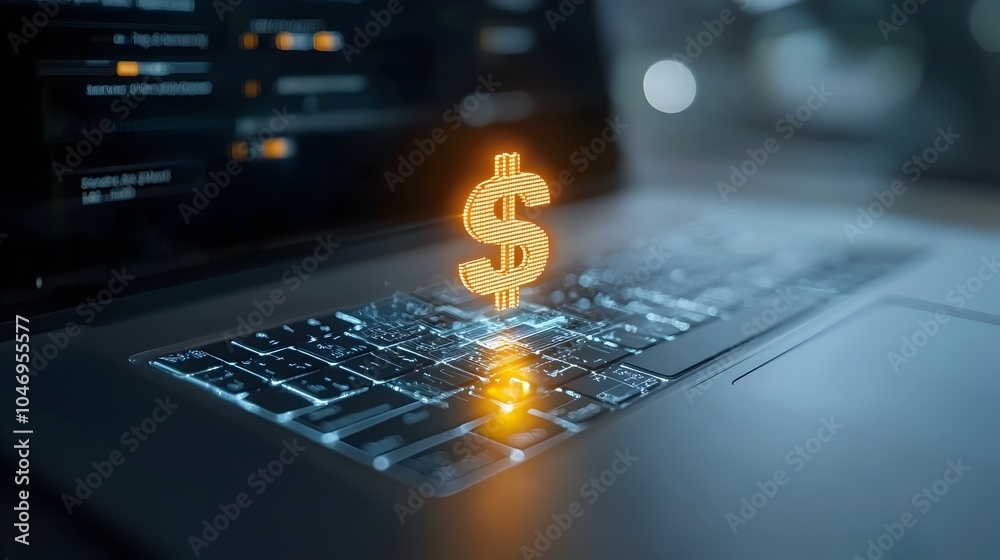 Poster Glowing dollar sign hologram floating above a laptop keyboard on a blurred background representing the concept of currency and financial technology innovation