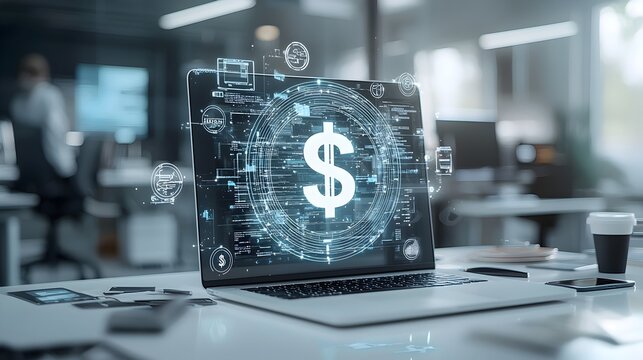 Futuristic fintech concept featuring a glowing holographic dollar sign symbol floating above a laptop computer