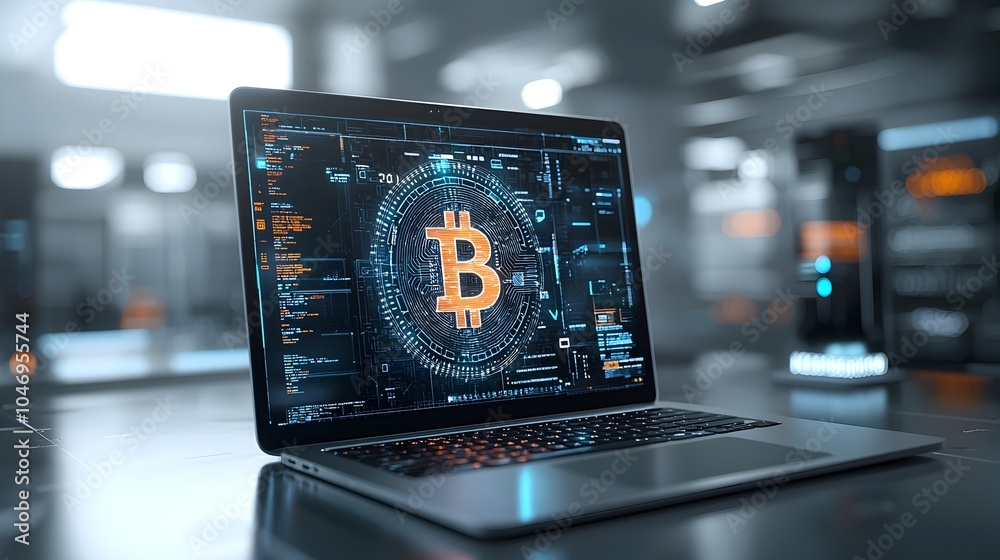 Poster Close up view of a laptop computer displaying a futuristic holographic dollar sign highlighting the advancements in online banking digital currency