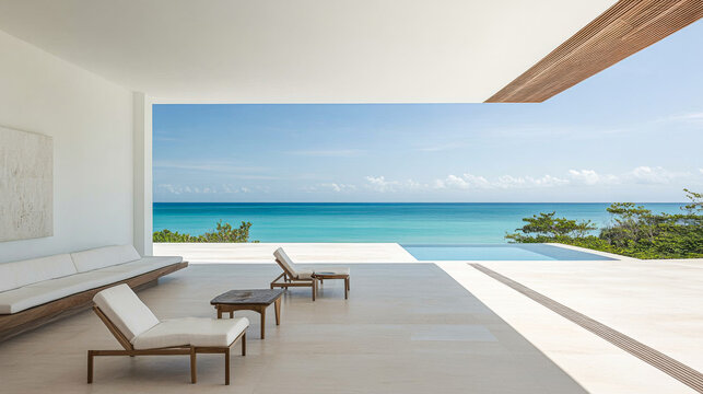 Modern beachfront villa with ocean view and pool in a serene coastal setting during daytime