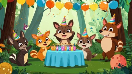 Obraz premium Cartoon Forest Animals Celebrating Birthday with Cake and Balloons