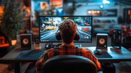 back view man playing car racing simulator at home gaming desk set up, steering wheel driving game having fun playing racing video game photography