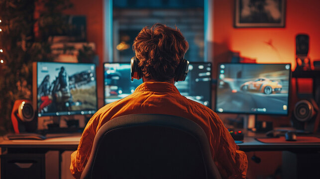 back view man playing car racing simulator at home gaming desk set up, steering wheel driving game having fun playing racing video game photography