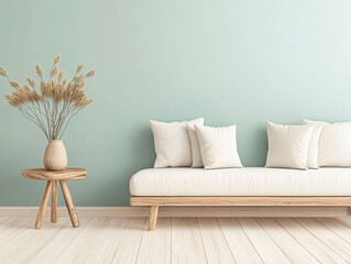 Modern minimalistic living room with a light green wall and natural decor elements