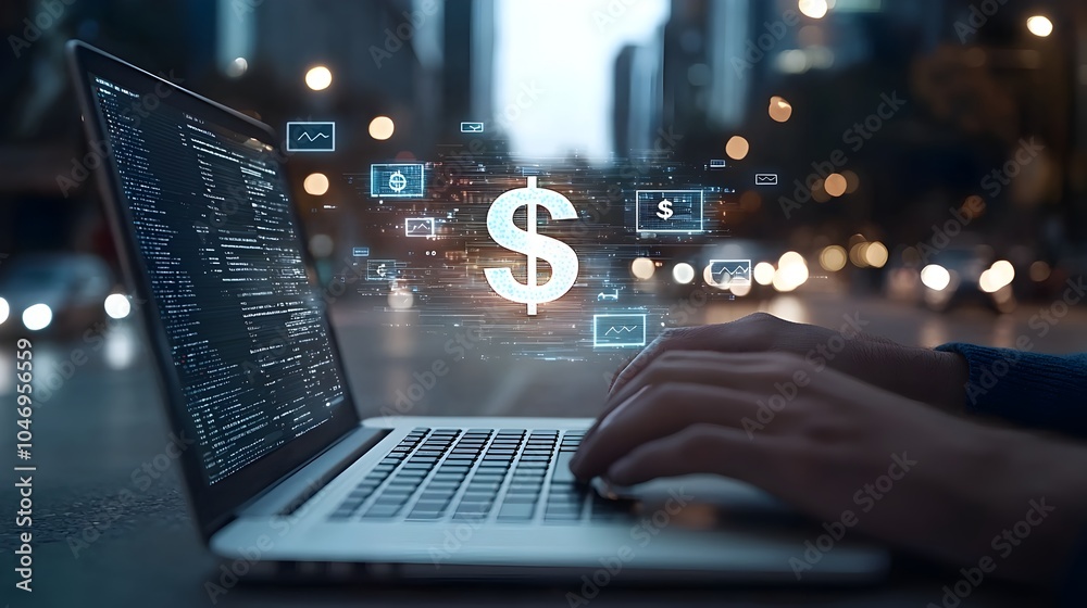 Poster Glowing 3D Dollar Sign Hologram Hovering Over Laptop Symbolizing Online Currency and Banking with Blurred Abstract Background  Conceptual of Digital Finance and Ecommerce Technology