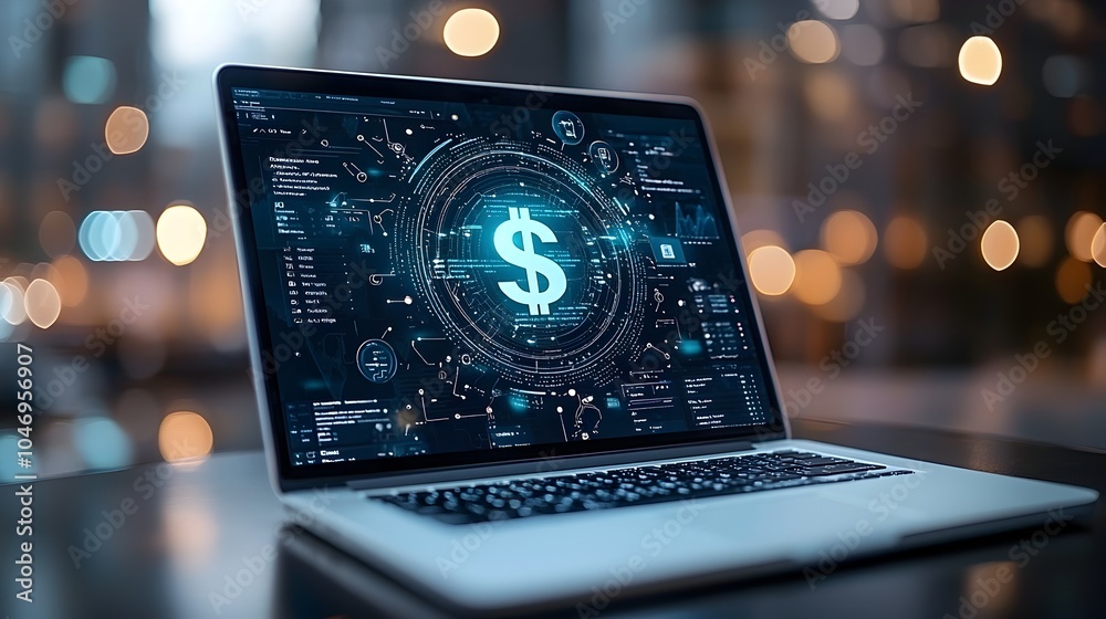 Poster laptop displaying a glowing dollar sign hologram representing the advancements in online banking and