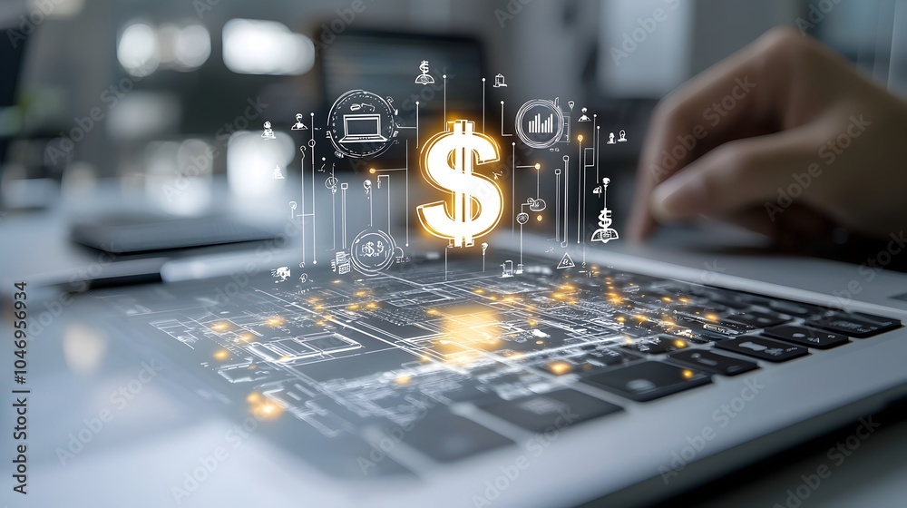 Poster Close up view of a glowing transparent dollar sign hologram hovering above a blurred laptop computer symbolizing the concept of online banking digital currency exchange