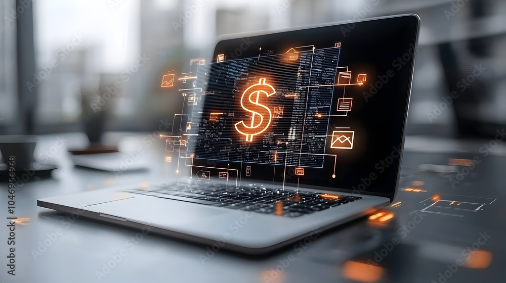 Aufkleber Close up view of a glowing dollar sign hologram hovering above a laptop representing the concept of online currency exchange digital banking and fintech innovations