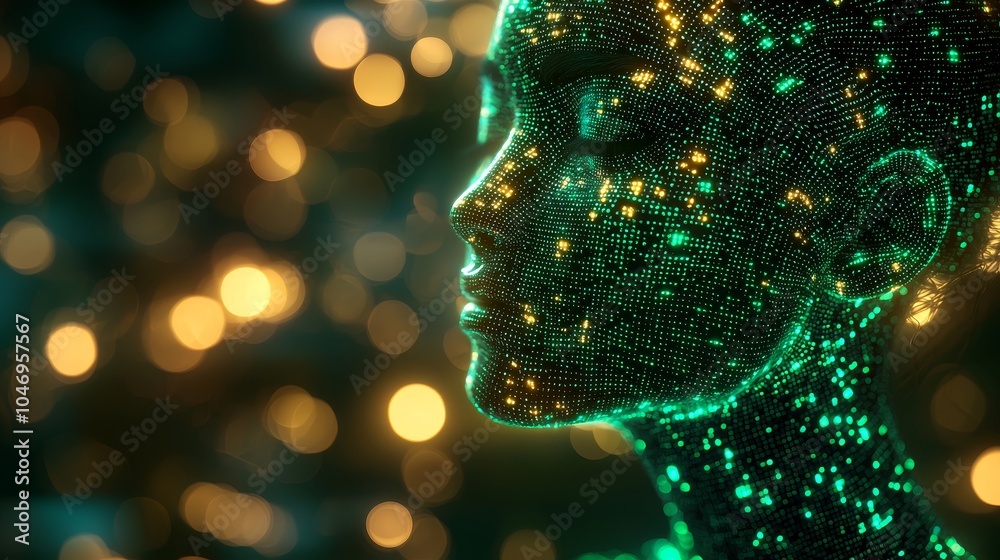 Poster an artificially intelligent virtual assistant in the form of a hologram human, a modern stock techno