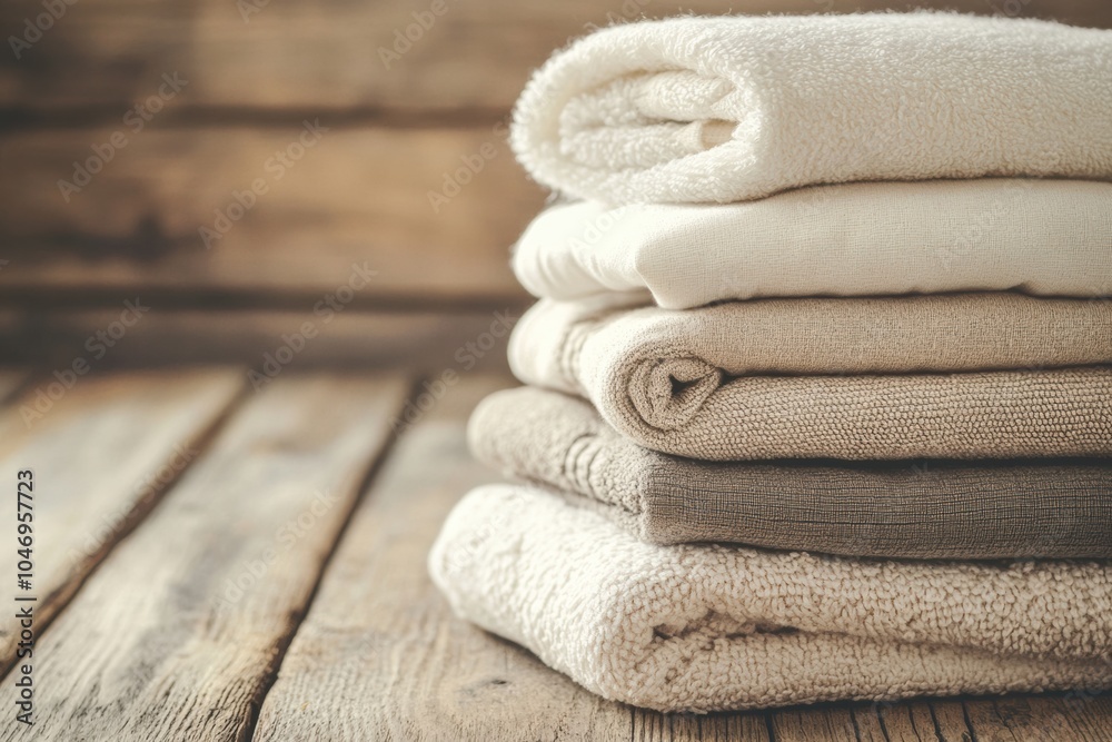 Leinwandbilder Neatly folded towels in soft colors rest on a rustic wooden table, illuminated by warm afternoon light, creating a serene atmosphere. Generative AI