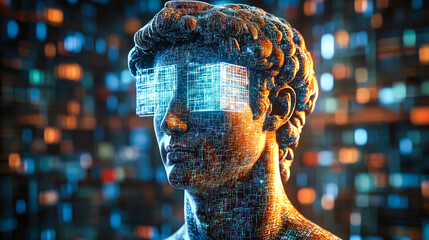 A classical sculpture bust is overlayed with futuristic digital elements and a grid background, blending art and technology in a vibrant and imaginative concept.