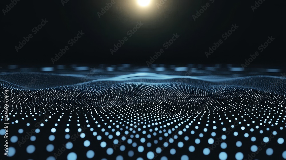 Fototapete Blue tech background with digital waves, dynamic network system, artificial neural connections, cyber quantum computing, and electronic global intelligence