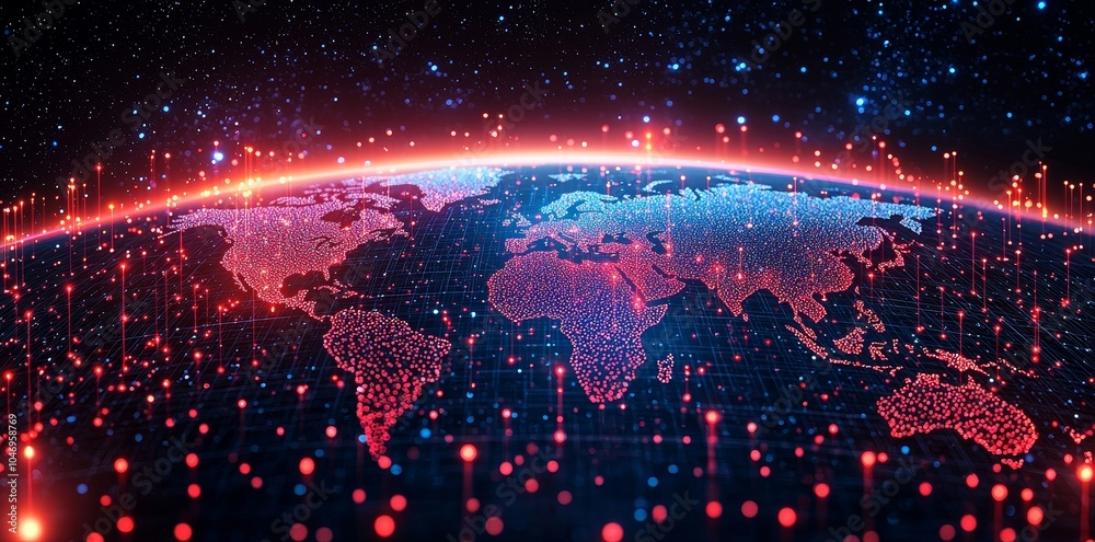 Poster A black background with glowing cyber data points on a digital world map. AIG35.