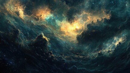 Obraz premium A swirling, ethereal nebula with vibrant colors of yellow and green, against a dark backdrop of stars.