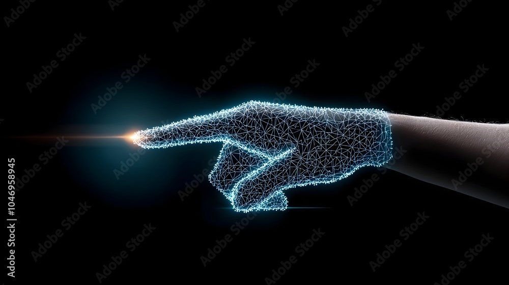 Poster businessman s hand reaching out to touch a glowing polygonal hand on a dark blue background surround