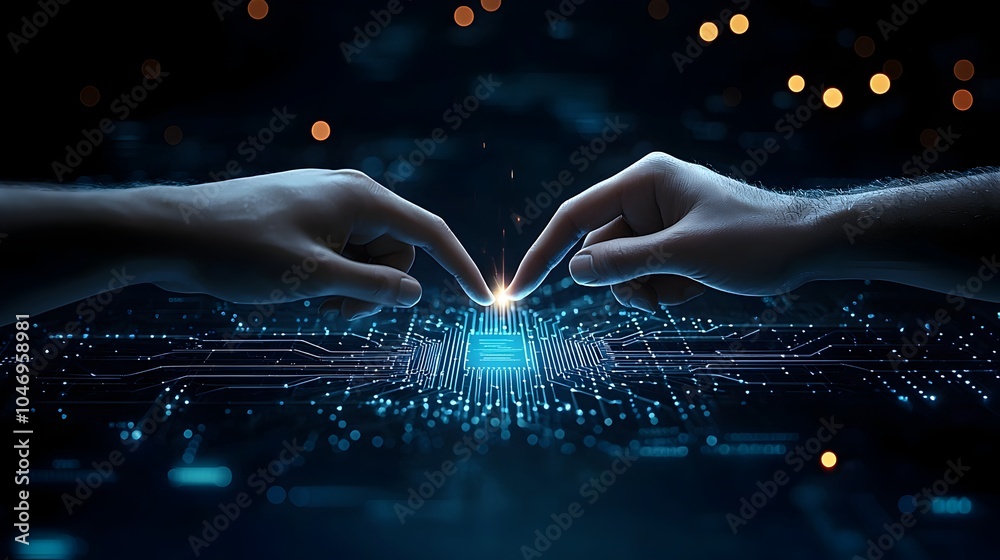 Poster Polygonal Hand Connecting with Businessman s Finger in Futuristic Digital Landscape Dark Blue Background with Glowing Bokeh Symbolizing Technology Evolution and Innovation