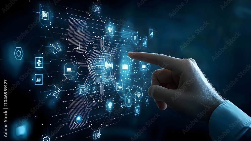 Leinwandbilder close up of a businessman s hand pointing at a polygonal hand on a dark blue background surrounded b