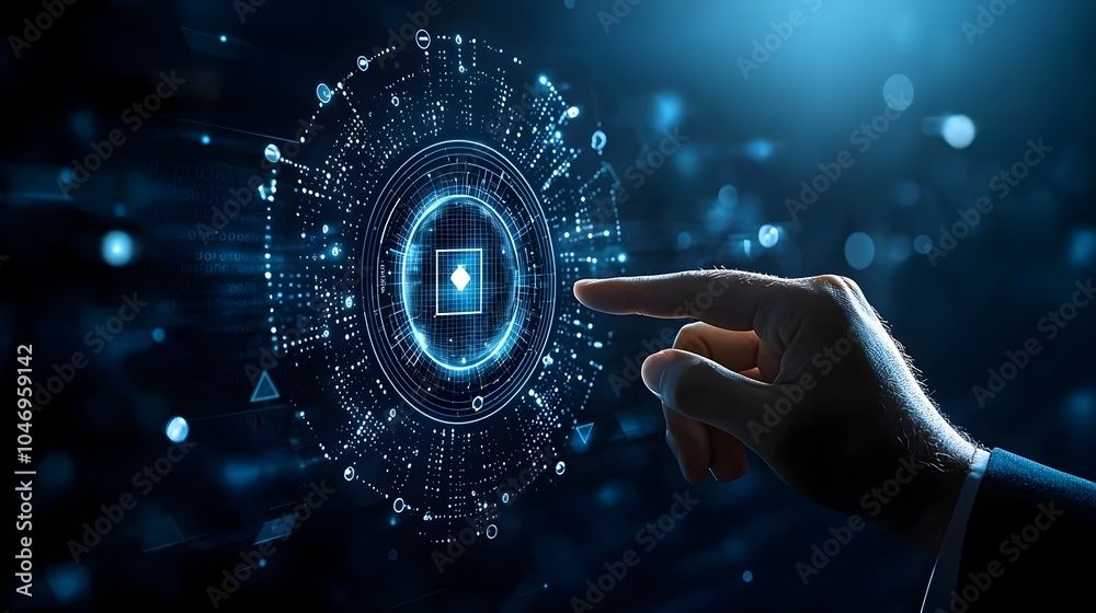 Poster close up of a businessman s hand pointing at a polygonal hand symbol on a dark blue background surro