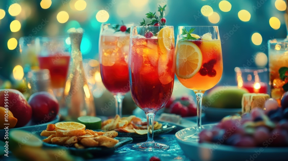 Poster a festive table features colorful cocktails alongside various snacks and fresh fruit slices, creatin