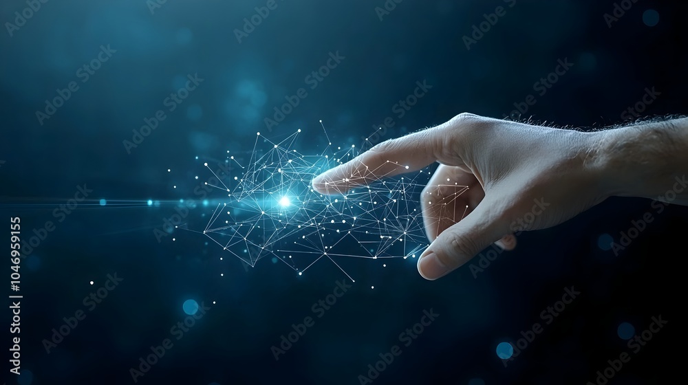 Poster Digital Transformation Concept Featuring a Businessman s Hand Reaching Towards a Polygonal Hand on a Dark Blue Background with Glowing Bokeh Accents Symbolizing Innovation Progress and Future Growth