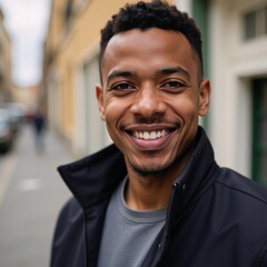 Fototapeta premium A stylishly dressed young African-American man smiles happily