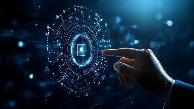 Close up of a businessman s hand pointing at a polygonal hand symbol on a dark blue background surrounded by a soft bokeh glow representing the concept of digital transformation