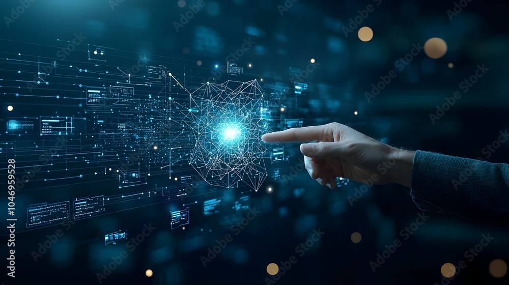 Aufkleber Futuristic digital connection concept with a businessman s hand reaching towards a polygonal hand shape set against a deep blue background with warm bokeh lighting effects symbolizing technology