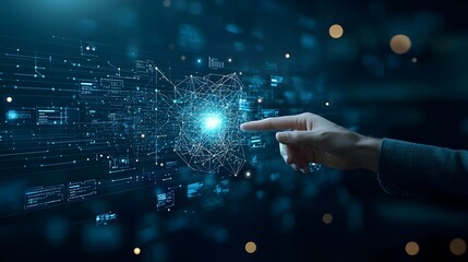 Futuristic digital connection concept with a businessman s hand reaching towards a polygonal hand shape set against a deep blue background with warm bokeh lighting effects symbolizing technology