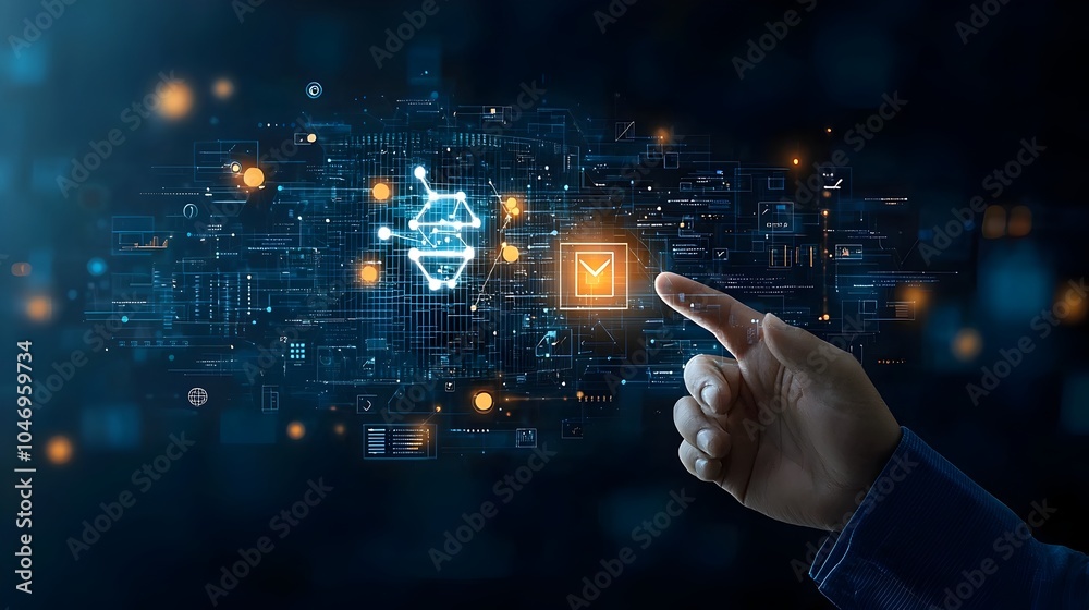Poster businessman pointing at glowing polygonal hand on dark blue tech inspired background with warm bokeh