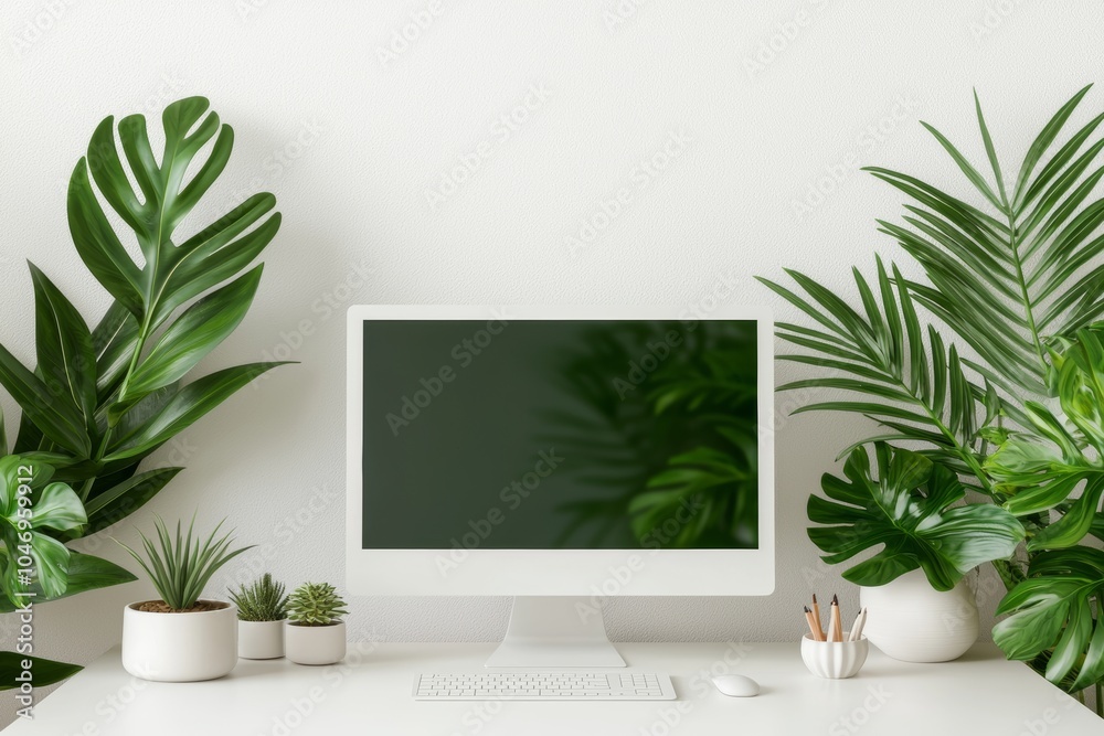 Poster a white computer desk with a monitor, keyboard, mouse, and clock surrounded by potted plants