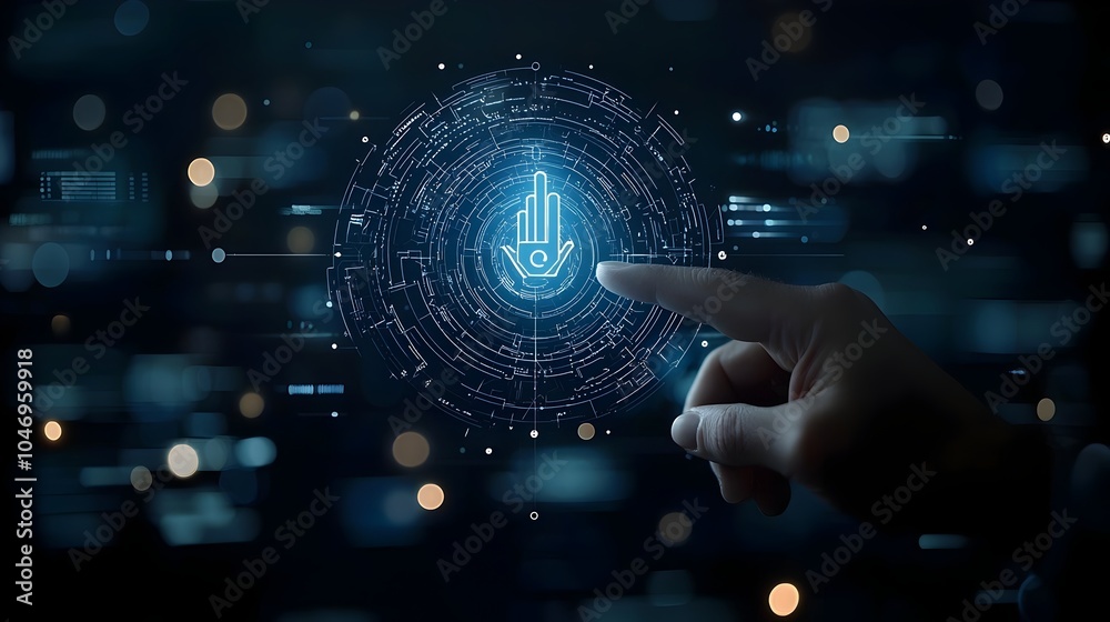 Poster businessman pointing at glowing polygonal hand on dark tech inspired background surrounded by warm b