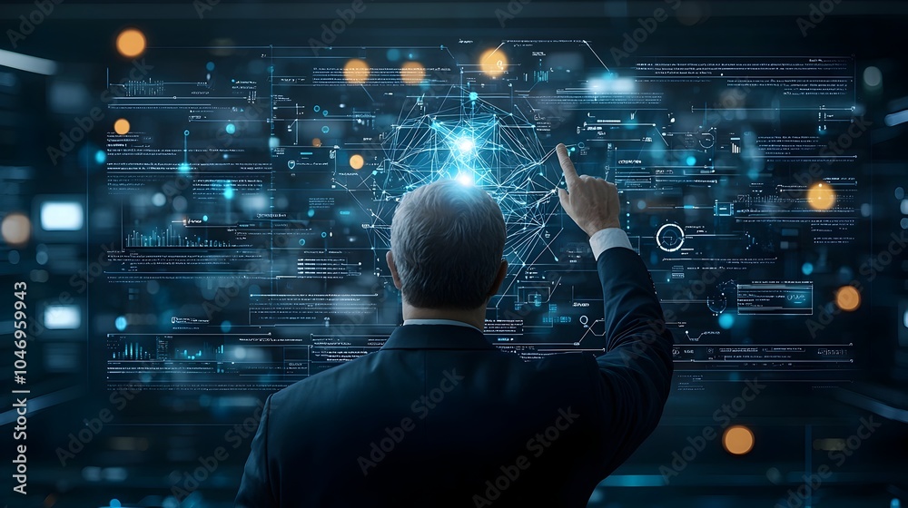 Poster businessman pointing at glowing polygonal hand on dark tech inspired background with warm bokeh ligh