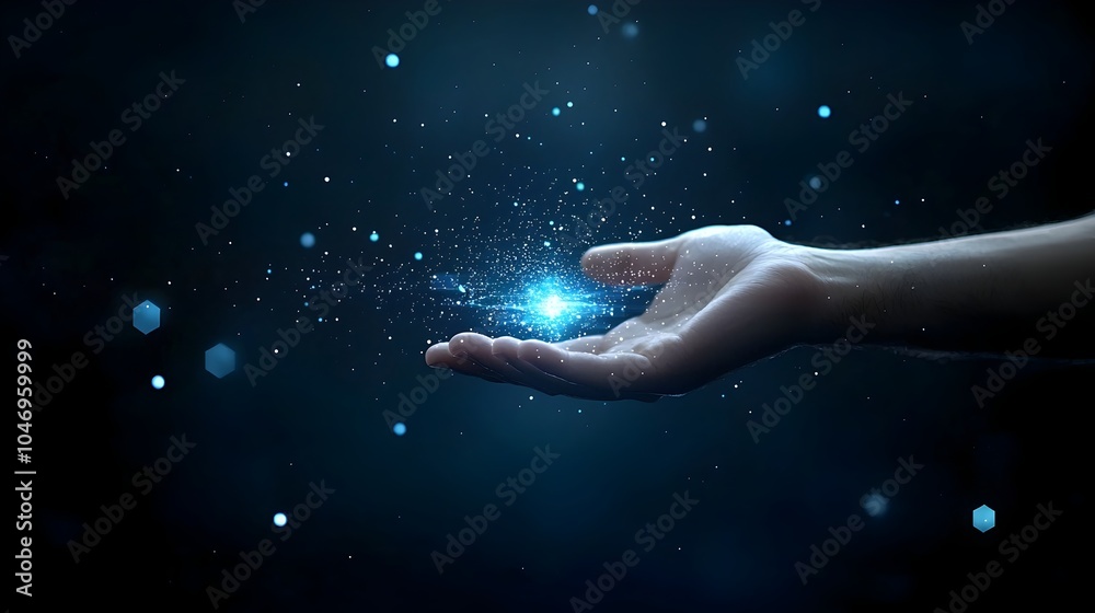 Aufkleber businessman s hand interacting with a polygonal 3d hand on a dark blue digital background with a bok