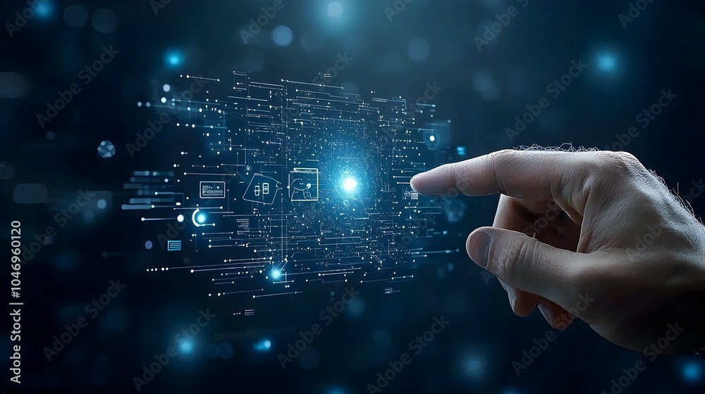 Poster Businessman s hand interacting with a polygonal digital hand on a dark blue background surrounded by a bokeh glow that highlights the theme of technological transformation and innovation