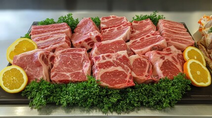 Fototapeta premium Fresh Cuts of Meat Displayed with Fresh Garnish
