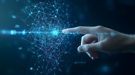Businessman s hand interacting with a polygonal hand on a dark blue digital background