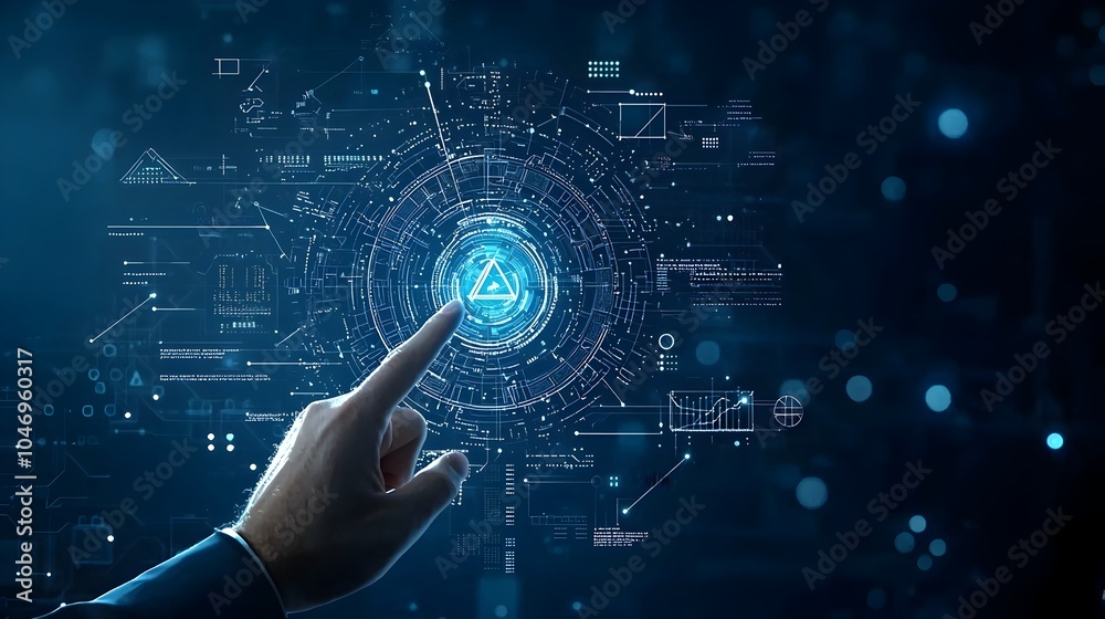 Poster Businessman Pointing at Polygonal Digital Hand on Dark Blue Tech Inspired Background with Glowing Bokeh Representing Future Technology and Innovation
