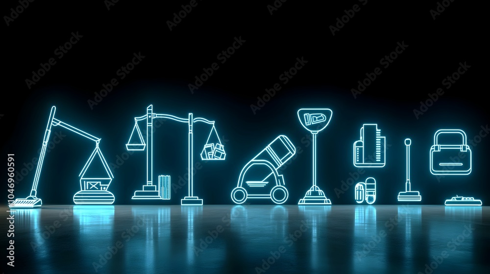 Aufkleber neon glowing vacuum cleaner with a futuristic legal scale symbol beside it representing the concept 