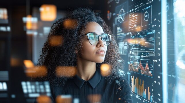 A young marketing professional in a sleek open-plan office space using a virtual interface to adjust social media ad targeting while surrounded by floating graphs and charts showing audience insights