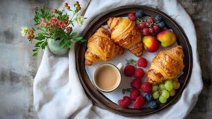 Luxurious Flat Lay Breakfast Tray with Croissants