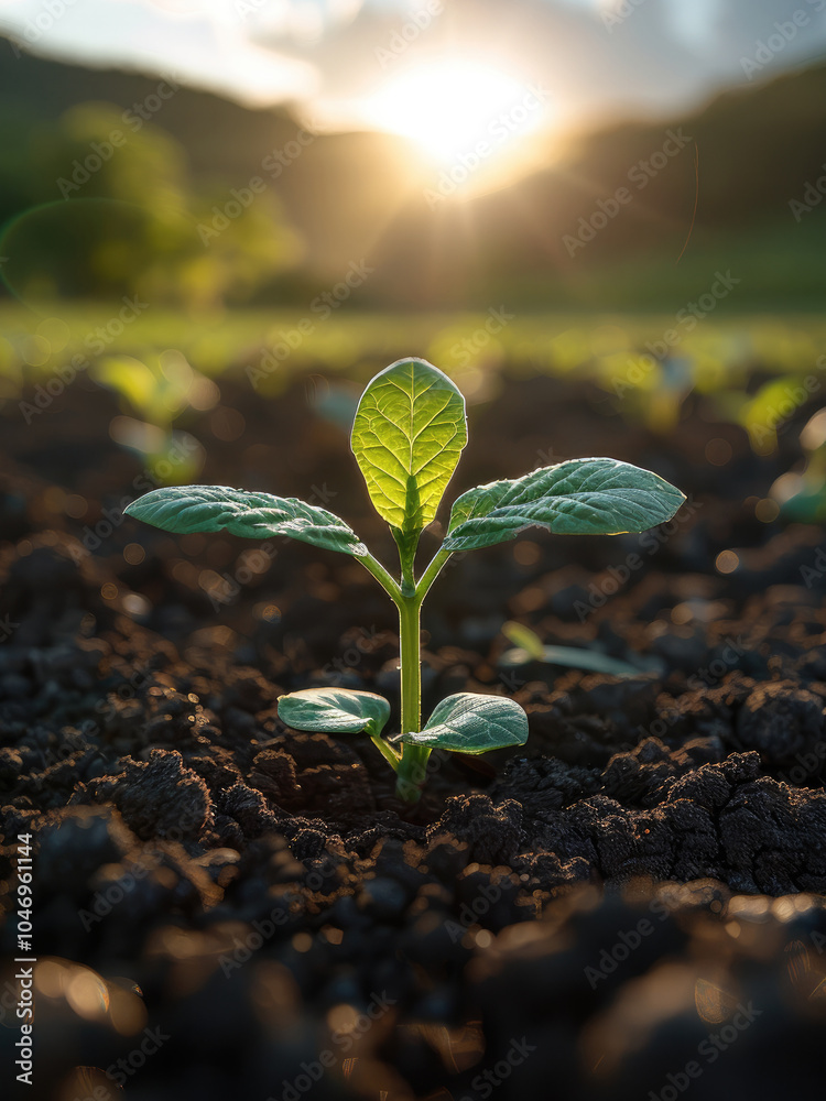 Aufkleber Sunlit sprout emerging from the soil, surrounded by a wide open field, with soft morning light streaming through the background.